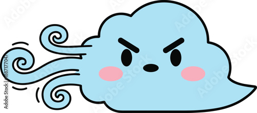Cartoon-style angry blue cloud blowing wind with expressive face and swirls, perfect for weather, emotion, or educational design themes