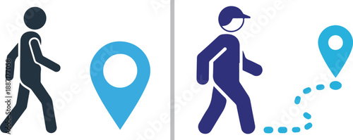 A vector comparison showing a person walking toward a large location pin and a delivery courier following a dotted blue path to a destination.