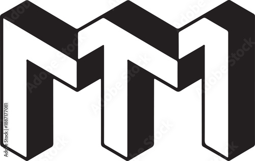 Isometric black and white letter M with 3 D perspective effect