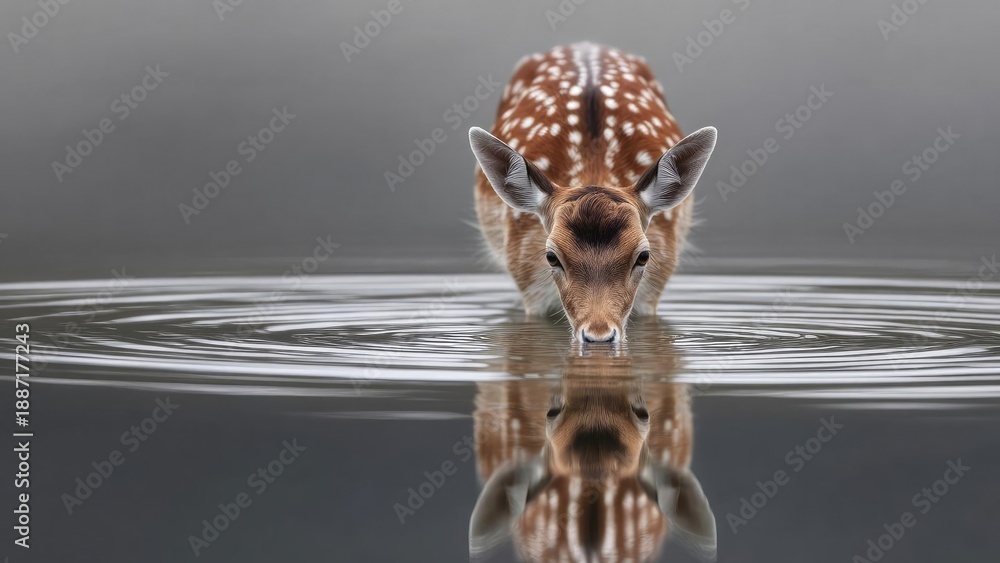 Naklejka premium A young spotted deer (fawn) drinking from a calm body of water, with its reflection visible on the surface. Concept Fawn at tranquil water, Water reflection, Wildlife moment, Forest setting