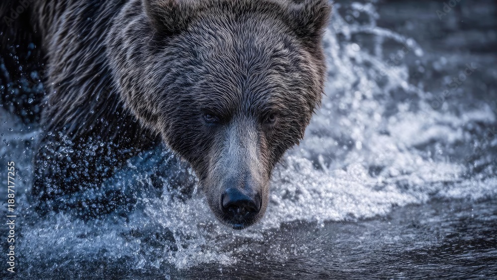 Fototapeta premium A brown bear wading through splashing water in a river Concept Brown bear in river, Splashing water moment, Wildlife photography, Riverine habitat, Majestic wilderness