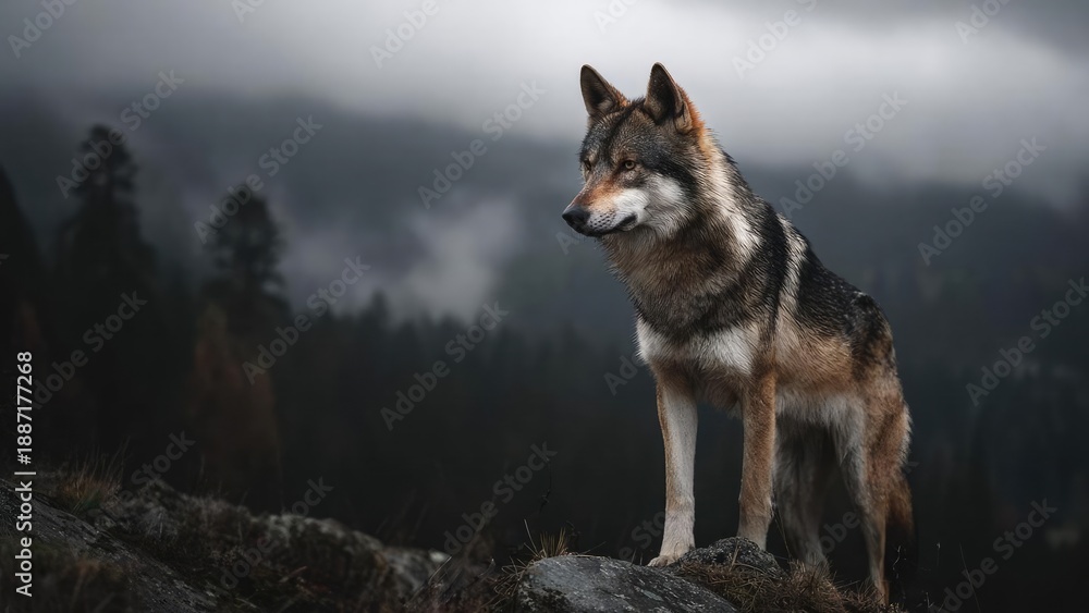 Fototapeta premium A lone wolf standing on a rocky outcrop in a misty, forested mountain landscape. Concept Lone wolf, Misty mountain landscape, Rocky outcrop, Forested hills, Wildlife portrait