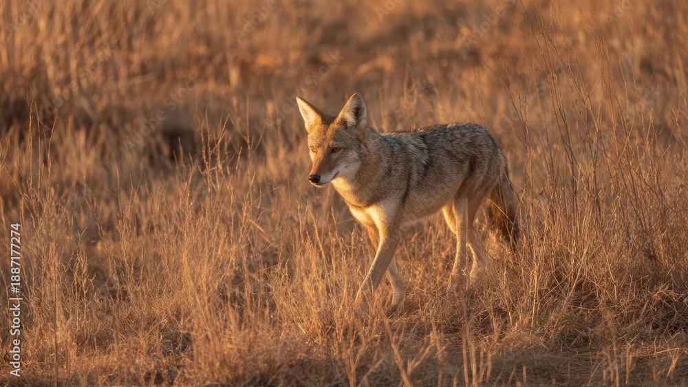 Fototapeta premium A lone coyote walks through dry grass bathed in warm golden hour light. Concept Wildlife Photography, Golden Hour Lighting, Coyotes in the Wild, Dry Grass Landscape, Solitude in Nature
