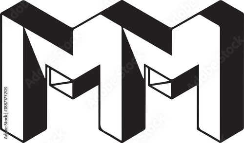 Three dimensional black and white letter M with geometric shading and perspective