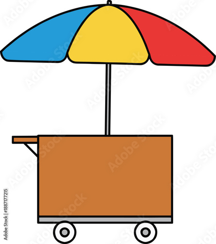 Colorful street vending cart with multicolored umbrella, ideal for outdoor snack, ice cream, or beverage sales in urban and festive settings