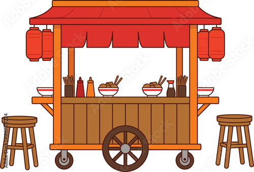 East Asian street food cart with red canopy, hanging lanterns, bowls, chopsticks, and stools for culinary, cultural, and vendor-themed design projects