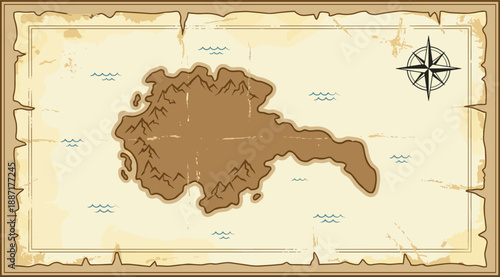 Fantasy-style treasure map with mountainous island, compass rose, and parchment border for adventure, storytelling, and exploration-themed design projects
