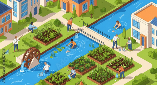 Isometric Vector Illustration of a Sustainable Eco-Community with Urban Gardening, Water Management, and People Farming
