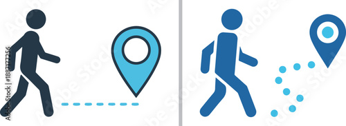 A two-panel vector graphic comparing traditional pathfinding with modern GPS tracking, featuring silhouettes walking toward map pins along dotted routes and blue paths.