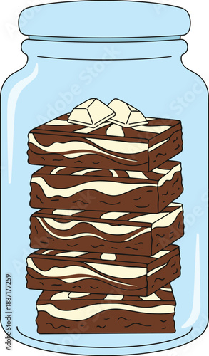 Glass jar filled with stacked chocolate brownies featuring marbled swirl and white chunks, ideal for dessert, gifting, packaging, and culinary design themes
