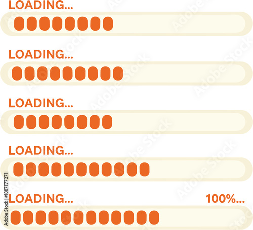 Horizontal loading bar illustration with progressive orange segments and “LOADING…” labels, ideal for UI, digital process, and progress indicator design themes