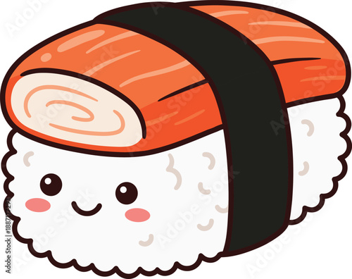 Kawaii-style sushi illustration with smiling rice base, orange fish topping, and seaweed wrap for food, children’s, and Japanese-themed design projects