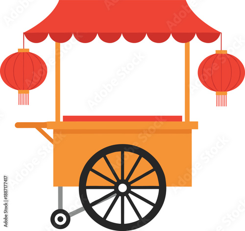 Stylized street food cart with red canopy, Chinese lanterns, and orange base for cultural, festive, and Asian-themed culinary design projects