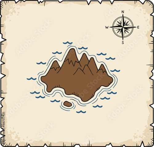 Stylized treasure map with mountainous island, compass rose, and aged parchment border for adventure, pirate lore, and exploration-themed design projects