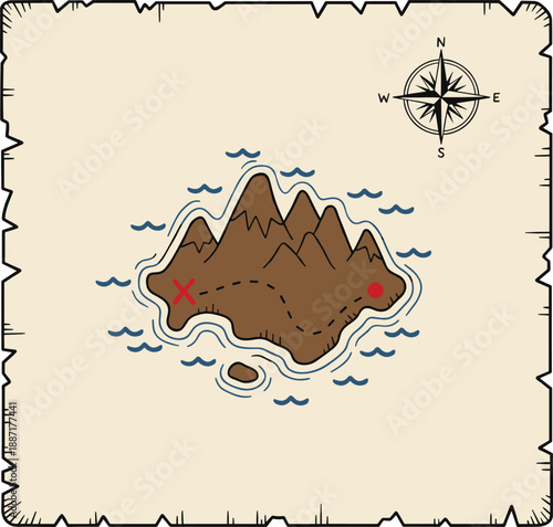 Stylized treasure map with island terrain, dotted path, red “X”, compass rose, and parchment border for adventure, exploration, and storytelling designs