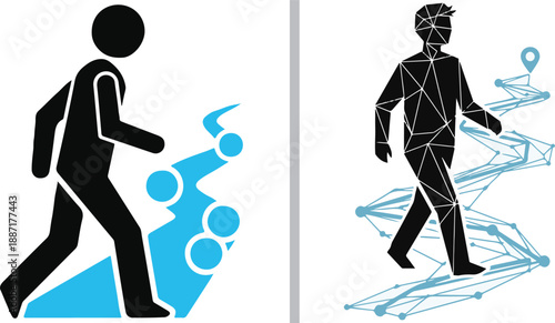 A two-panel vector illustrating the evolution of tracking: a solid silhouette on a blue path transitioning to a high-tech, polygonal mesh figure navigating a digital network route.