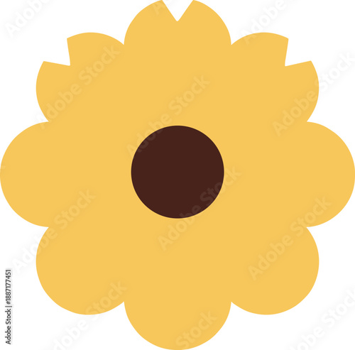 Stylized yellow flower with eight rounded petals and dark brown center for decorative, educational, seasonal, and minimal design themes