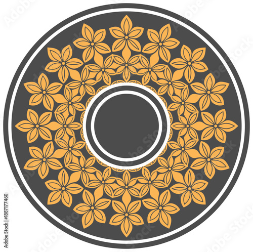 Symmetrical floral mandala with orange five-petaled flowers in concentric circles on dark gray background, perfect for decorative design, pattern art, and digital illustration.