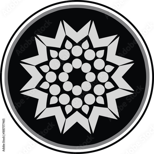 Symmetrical circular geometric design with gray star-like shapes and central ring on black background for abstract, decorative, and pattern-themed projects