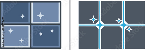 A two-panel vector graphic showing sparkling tiled surfaces, illustrating professional cleaning, floor maintenance, or grout restoration services with a shiny, polished finish.