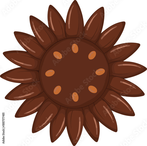 Symmetrical stylized sunflower illustration with 20 dark petals and central seed pattern for botanical, decorative, educational, and seasonal design themes