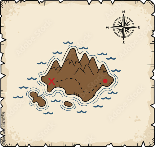 Stylized treasure map with mountainous island, red “X”, dashed path, compass rose, and parchment border for adventure, exploration, and storytelling design themes