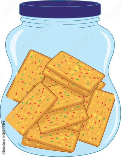 Transparent glass jar with dark blue lid filled with sprinkle-topped rectangular cookies for food, packaging, counting, and educational design themes