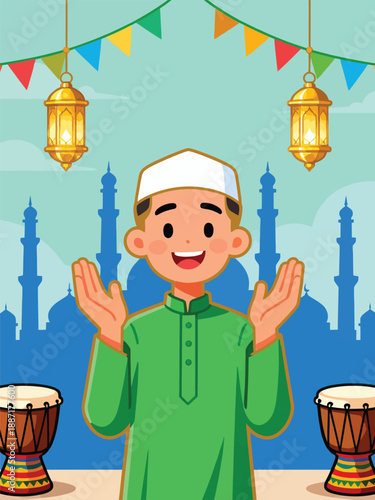 Cartoon illustration of a young Muslim boy praying with hands raised, set against a mosque silhouette background with lanterns, bunting, and drums, celebrating Islamic culture.