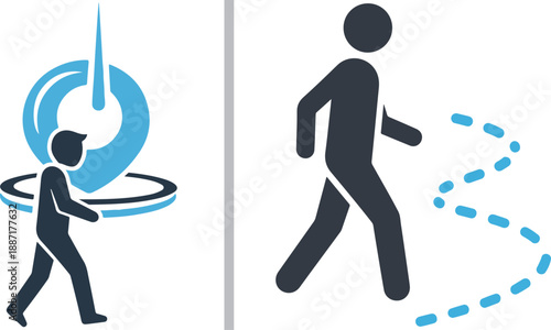 A dual-panel vector graphic featuring a person walking toward a location pin and another person following a dashed path, symbolizing navigation, tracking, and journeying.