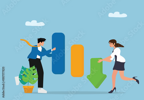 Business Performance and Data Trend Concept with People Interacting with Bar Chart and Directional Arrows Illustration