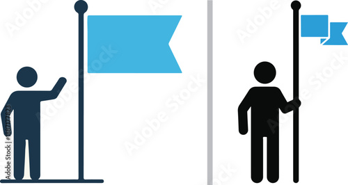 Two-panel vector illustration showing human silhouettes with blue flags. Left: A figure waving next to a flagpole. Right: A figure holding a flagpole with two small flags.