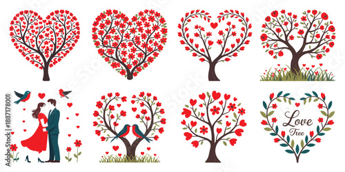 Collection of beautiful heart shaped trees with red blossoms and birds, representing love and nature, isolated on transparent backgrounds