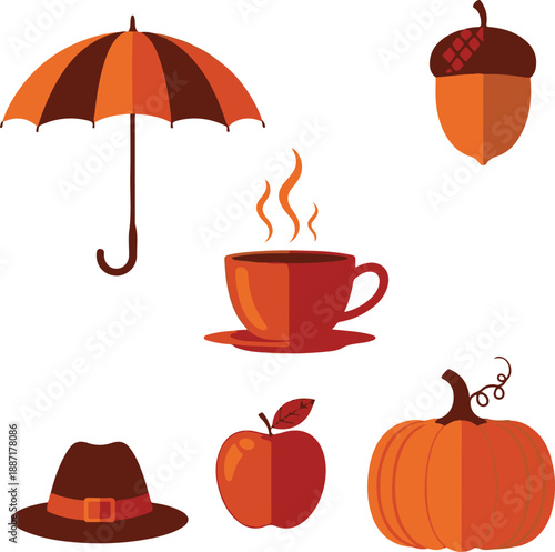 Autumn objects silhouette and icons with umbrella cup hat apple pumpkin acorn