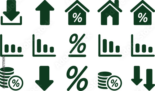 A collection of dark green icons depicting finance home download and data suitable for various design projects on transparent background