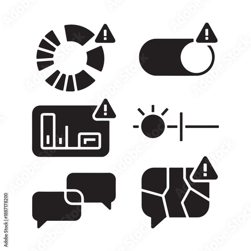 UI Error & Warning Icon Set – Loading, Toggle, Chart Alert, Brightness Control and Chat Issue Symbols