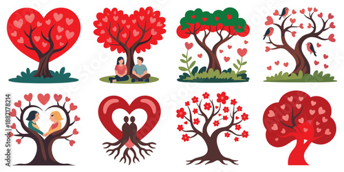 Set of romantic valentine trees with hearts and couples, symbolizing love and relationships, set against transparent backgrounds for design