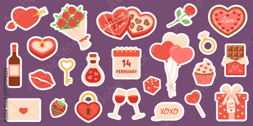 Cute Valentine love icons set: hearts, gifts, sweets, flowers, wine, ring, romantic symbols. Elements for scrapbooking, holiday designs, cards, stickers, invitations, prints, social media. Isolated.
