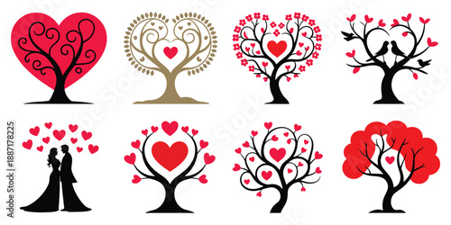 Romantic tree symbols vector set with heart shaped foliage and branches representing love relationships and couples in various elegant and detailed designs