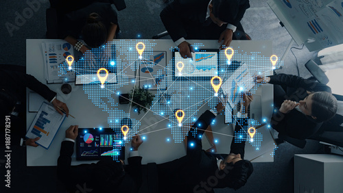 Fotografie Concept of a global logistics network with location pins on a world map