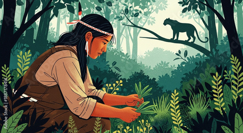 Indigenous Woman Gathering Medicinal Herbs in Lush Green Forest with Jaguar Silhouette Background