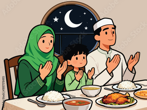Muslim family praying together before Iftar meal during Ramadan at night, with crescent moon visible through the window.