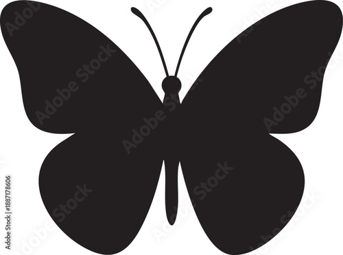 A simple black silhouette of a butterfly with spread wings isolated on a transparent background