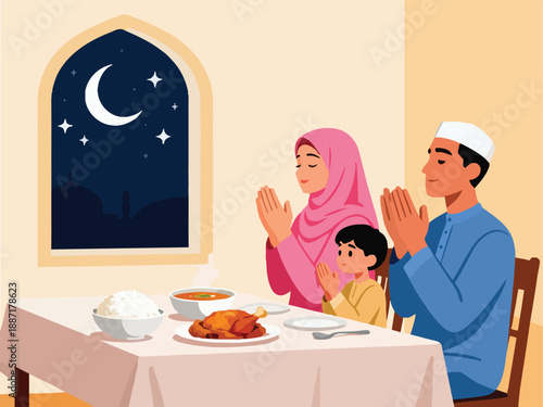 A Muslim family prays together before breaking their fast during Ramadan, with a meal laid out on the table and a crescent moon visible through the window.