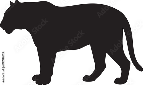 A stylized black silhouette of a large wild cat is depicted in profile against a white background