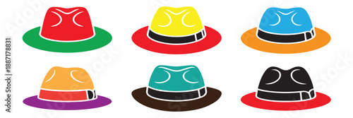 Collection of colorful fedora hats arranged in a two-by-three grid on a gray transparent background, showcasing variety in style and hue.