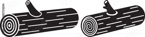 Set of two stylized black and white logs with branches and visible wood grain rings, isolated on white background.