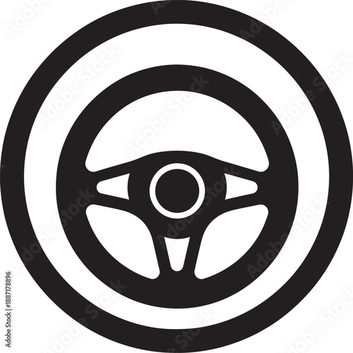 Black and White Steering Wheel Icon Symbol, Driving and Transportation Concept