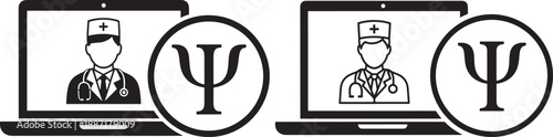 Online consultation with a psychologist: two laptops displaying doctor avatars and the psi symbol, representing mental health.