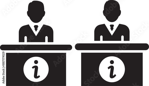 Two receptionists or information desk staff at counters with 'i' information symbols, depicted in a professional silhouette.