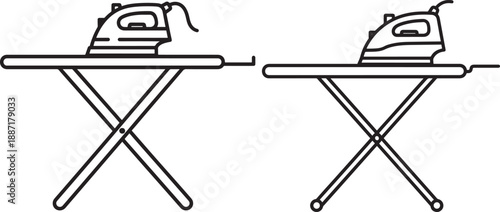Two iron and ironing board sets, shown in a clean, simple line art style, isolated on a white background.